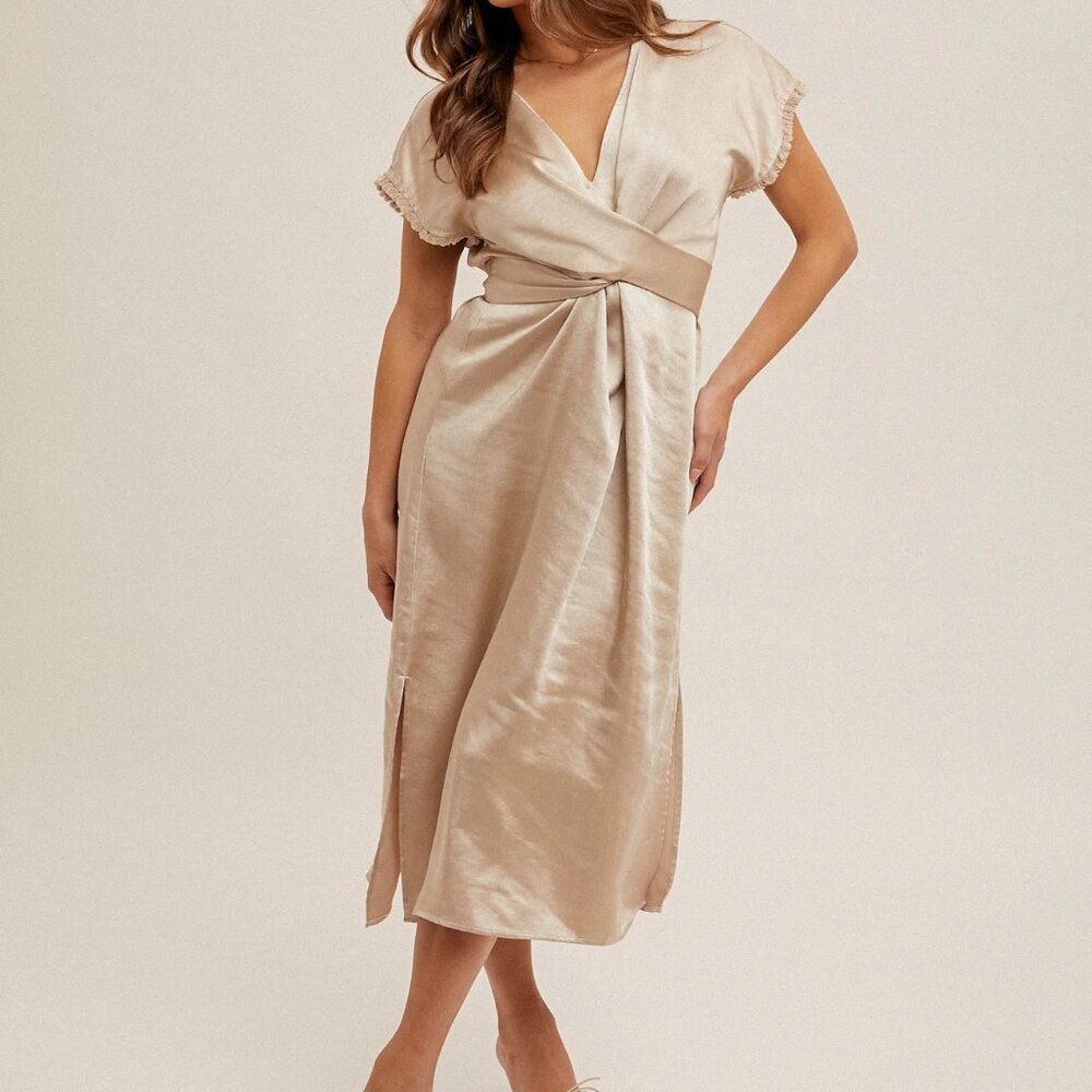 Beige Satin V-Neck Fringe Detail Maternity Midi Dress